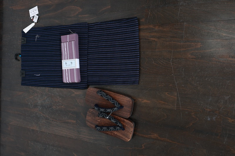 Men's Yukata 3-Piece Set, Brand New, Dark and Light Indigo Stripe Pattern, b5