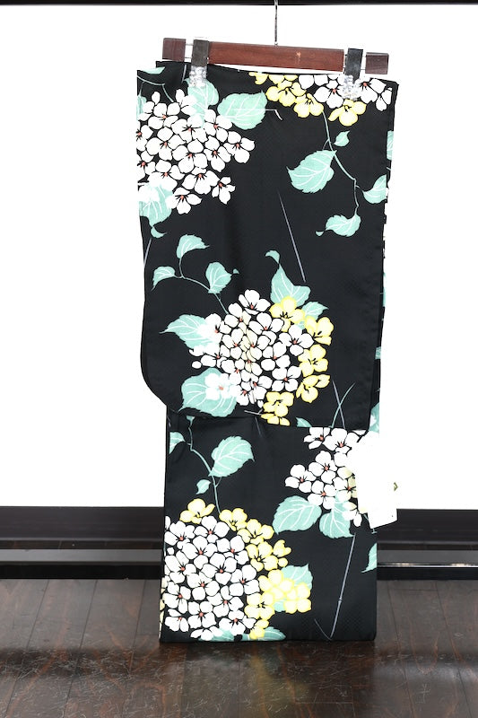 New Yukata (Japanese summer kimono) - Black, Green, Yellow, White, Hydrangea pattern - b24