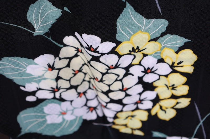 New Yukata (Japanese summer kimono) - Black, Green, Yellow, White, Hydrangea pattern - b24