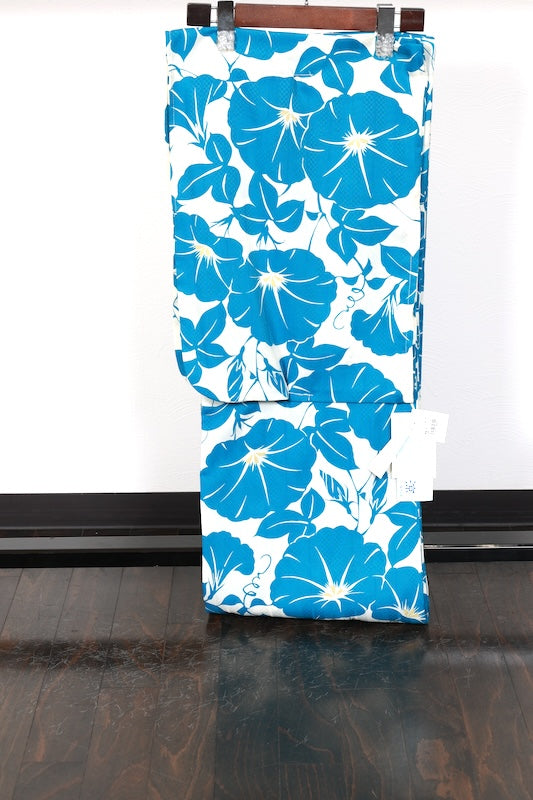 New Yukata (Japanese summer kimono), Off-white and Blue, Morning Glory pattern, b23