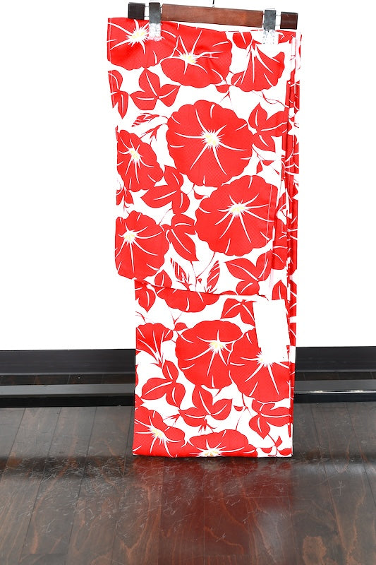 New yukata (summer kimono) - white and red with morning glory pattern - b22