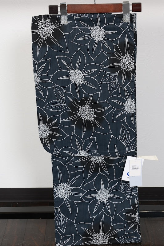 New Yukata (Japanese summer kimono) - Indigo, Black, White, Floral Pattern - b20