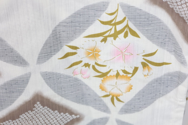 New yukata (summer kimono), white and gray, Shippo (seven treasures) pattern, floral design, Hikida (tie-dye) pattern, b18