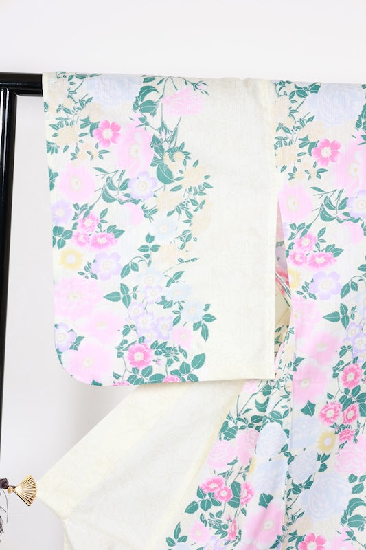 New Yukata (Japanese summer kimono) - Alternating shoulder design - Light lemon yellow, pink, purple, blue, floral pattern, rabbit design - b17