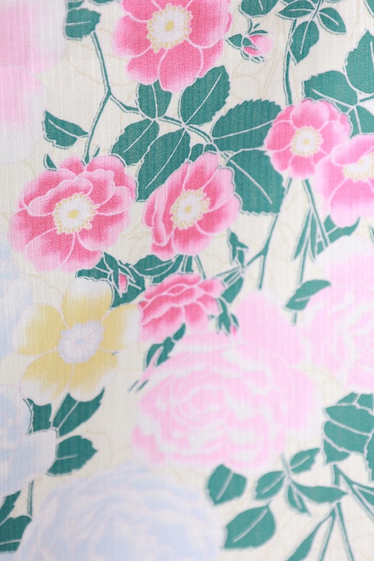 New Yukata (Japanese summer kimono) - Alternating shoulder design - Light lemon yellow, pink, purple, blue, floral pattern, rabbit design - b17