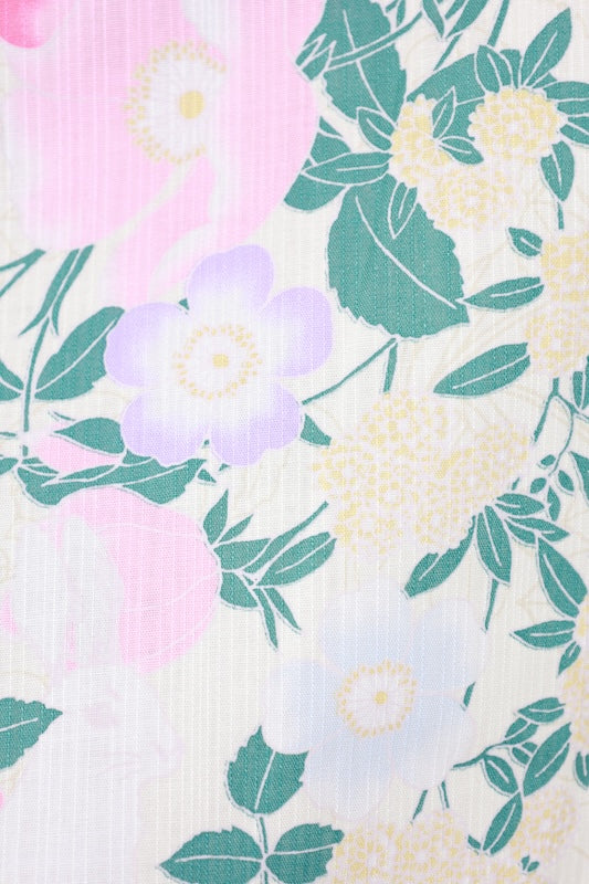 New Yukata (Japanese summer kimono) - Alternating shoulder design - Light lemon yellow, pink, purple, blue, floral pattern, rabbit design - b17
