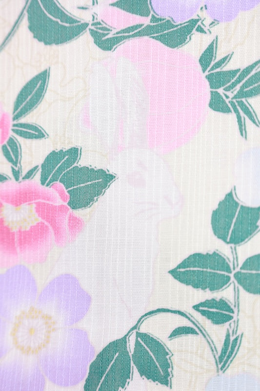 New Yukata (Japanese summer kimono) - Alternating shoulder design - Light lemon yellow, pink, purple, blue, floral pattern, rabbit design - b17