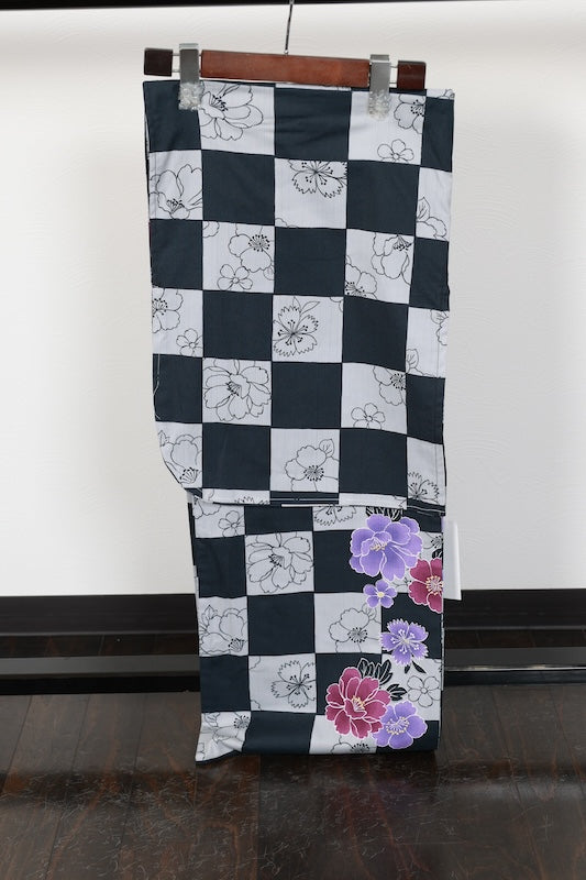 New Yukata (summer kimono) - Black, Gray, Purple, Wine Color, Checkered Pattern, Floral Design - b16