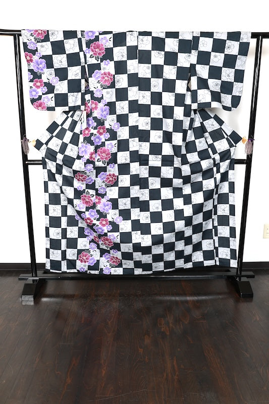 New Yukata (summer kimono) - Black, Gray, Purple, Wine Color, Checkered Pattern, Floral Design - b16