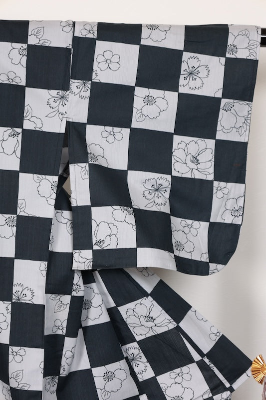 New Yukata (summer kimono) - Black, Gray, Purple, Wine Color, Checkered Pattern, Floral Design - b16