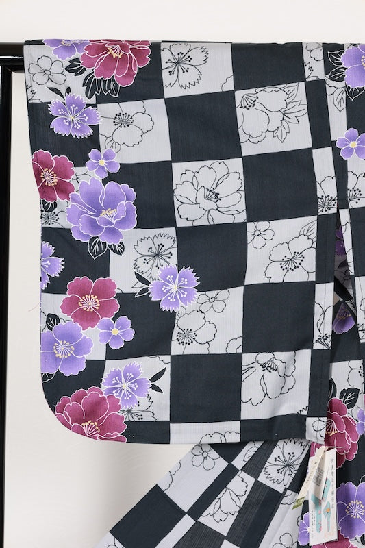 New Yukata (summer kimono) - Black, Gray, Purple, Wine Color, Checkered Pattern, Floral Design - b16