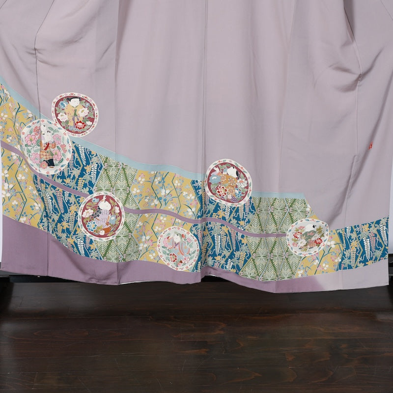 Japanease kimono  used(Irotomesode) L-size 100% silk /K86Artist's work Gray Purple Green Indigo Yellow White Sewing crest Ken Hanabishi