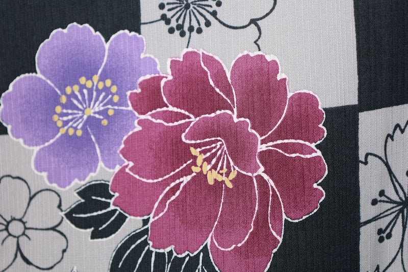 New Yukata (summer kimono) - Black, Gray, Purple, Wine Color, Checkered Pattern, Floral Design - b16
