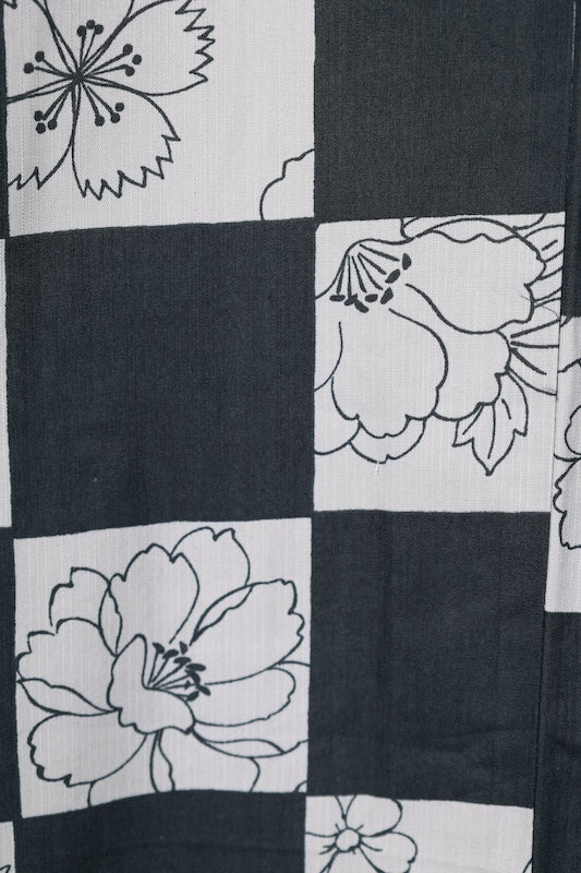 New Yukata (summer kimono) - Black, Gray, Purple, Wine Color, Checkered Pattern, Floral Design - b16