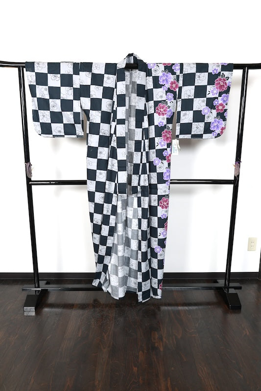 New Yukata (summer kimono) - Black, Gray, Purple, Wine Color, Checkered Pattern, Floral Design - b16