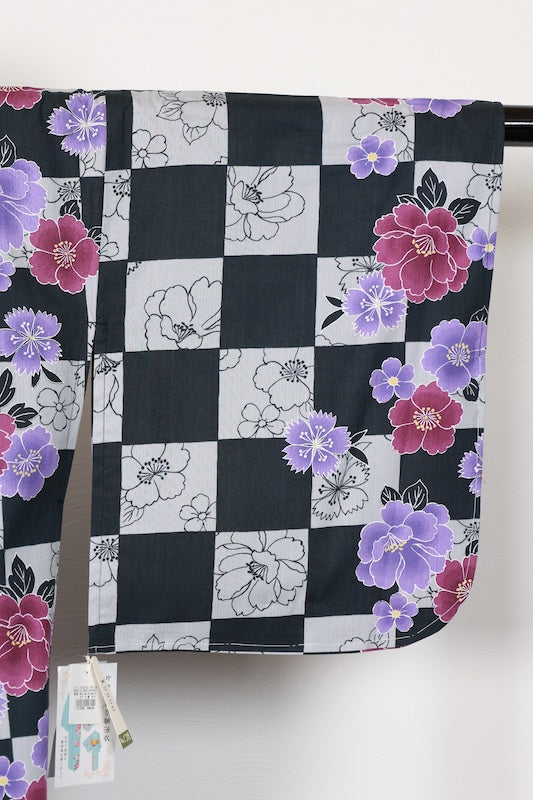 New Yukata (summer kimono) - Black, Gray, Purple, Wine Color, Checkered Pattern, Floral Design - b16