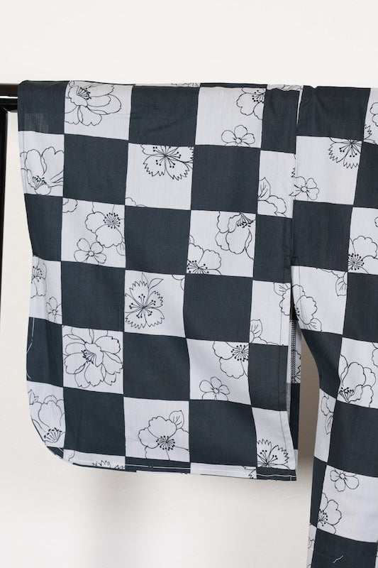 New Yukata (summer kimono) - Black, Gray, Purple, Wine Color, Checkered Pattern, Floral Design - b16