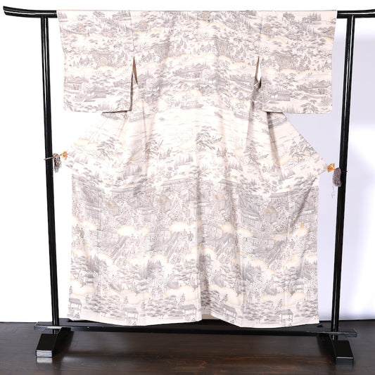 Japanease kimono  New(Houmongi) M-size 100% silk /K85VArtist's work Beige Ink Gold Genji picture scroll