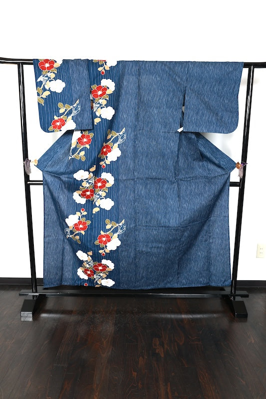 New Yukata (summer kimono) - Indigo, red, yellow, green, camellia, bird, and wavy stripe pattern - b14