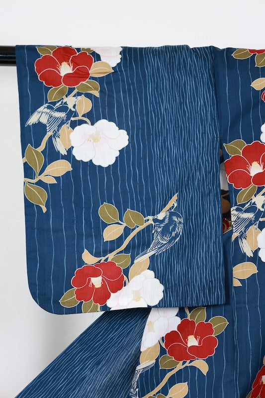 New Yukata (summer kimono) - Indigo, red, yellow, green, camellia, bird, and wavy stripe pattern - b14