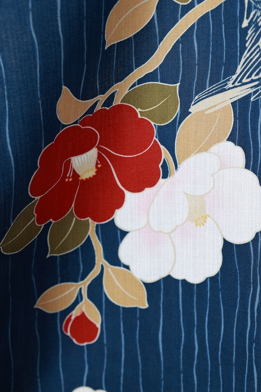 New Yukata (summer kimono) - Indigo, red, yellow, green, camellia, bird, and wavy stripe pattern - b14