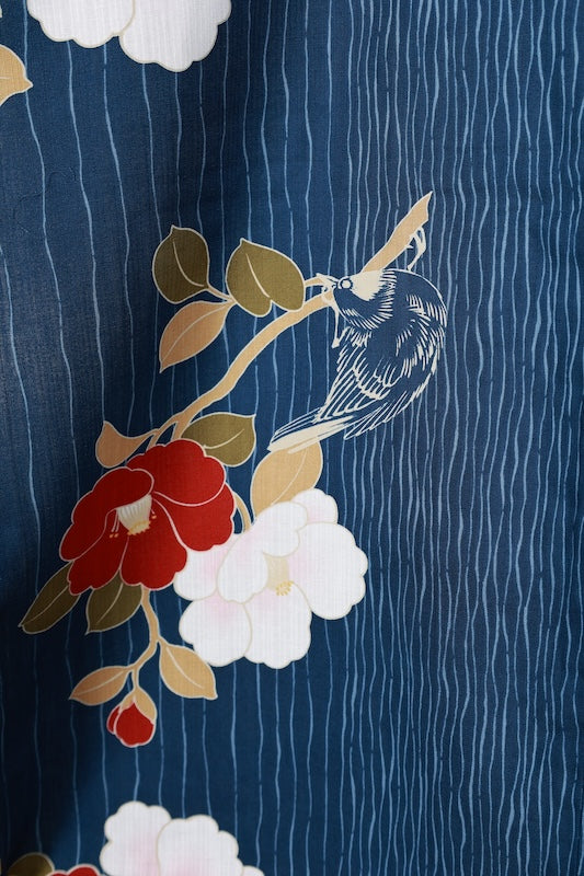 New Yukata (summer kimono) - Indigo, red, yellow, green, camellia, bird, and wavy stripe pattern - b14