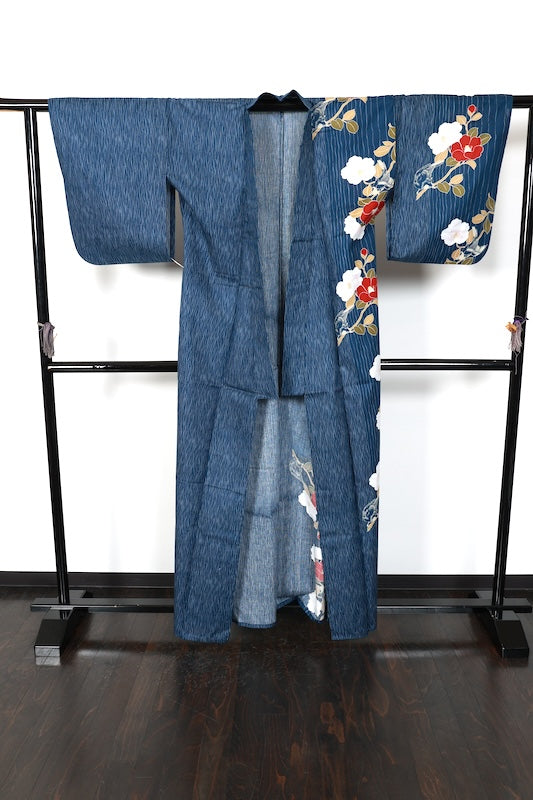 New Yukata (summer kimono) - Indigo, red, yellow, green, camellia, bird, and wavy stripe pattern - b14