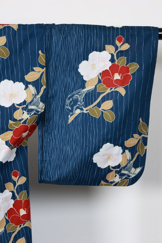 New Yukata (summer kimono) - Indigo, red, yellow, green, camellia, bird, and wavy stripe pattern - b14