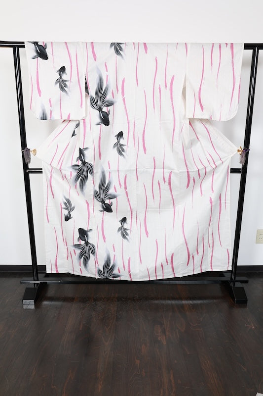 New Yukata (Japanese summer kimono), with contrasting shoulder and back design, off-white, black, grape color, goldfish pattern, and wavy stripes, b13
