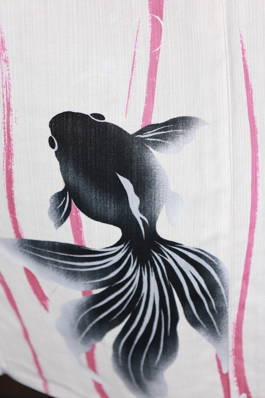 New Yukata (Japanese summer kimono), with contrasting shoulder and back design, off-white, black, grape color, goldfish pattern, and wavy stripes, b13