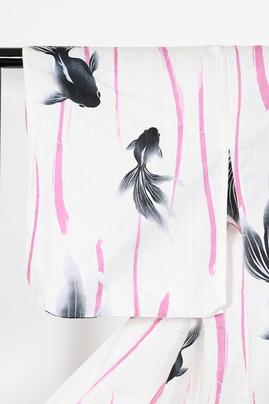 New Yukata (Japanese summer kimono), with contrasting shoulder and back design, off-white, black, grape color, goldfish pattern, and wavy stripes, b13