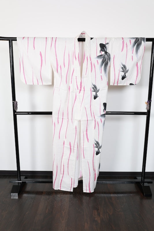 New Yukata (Japanese summer kimono), with contrasting shoulder and back design, off-white, black, grape color, goldfish pattern, and wavy stripes, b13
