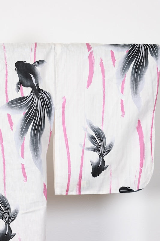 New Yukata (Japanese summer kimono), with contrasting shoulder and back design, off-white, black, grape color, goldfish pattern, and wavy stripes, b13