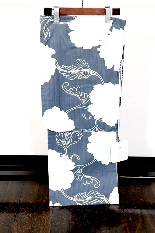 New yukata (summer kimono) - gray and white floral pattern - b12