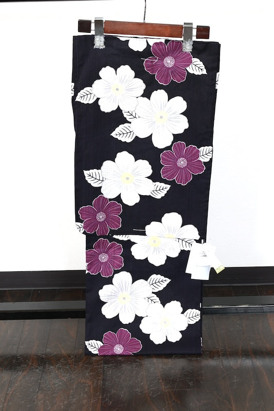 New Yukata (Japanese summer kimono) - Black, White, Purple, Yellow, Floral design - b9