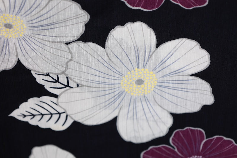 New Yukata (Japanese summer kimono) - Black, White, Purple, Yellow, Floral design - b9