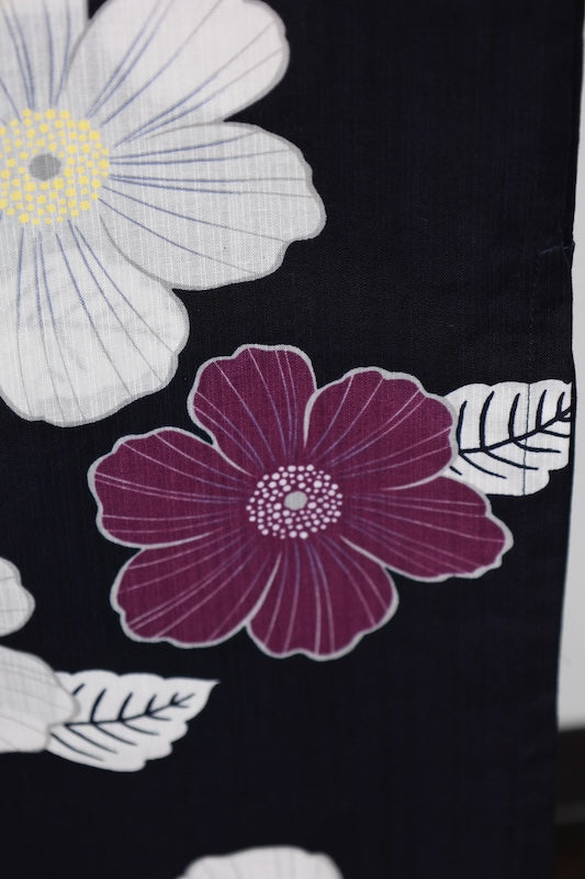 New Yukata (Japanese summer kimono) - Black, White, Purple, Yellow, Floral design - b9