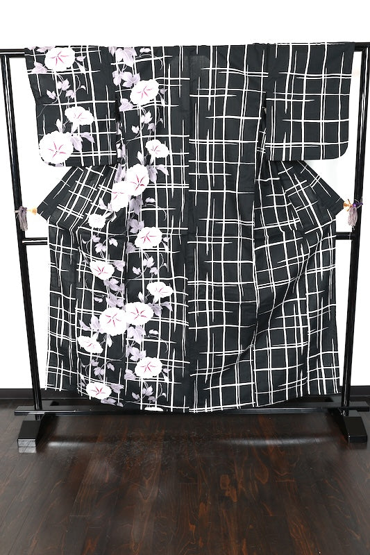 New Yukata (Japanese summer kimono) - Black, White, Gray, Purple - Morning Glory/Checkered Pattern - b8