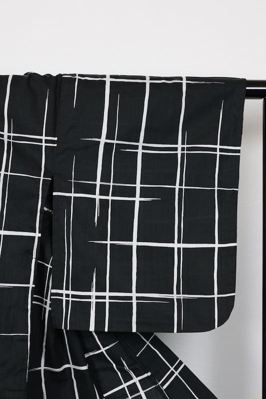 New Yukata (Japanese summer kimono) - Black, White, Gray, Purple - Morning Glory/Checkered Pattern - b8