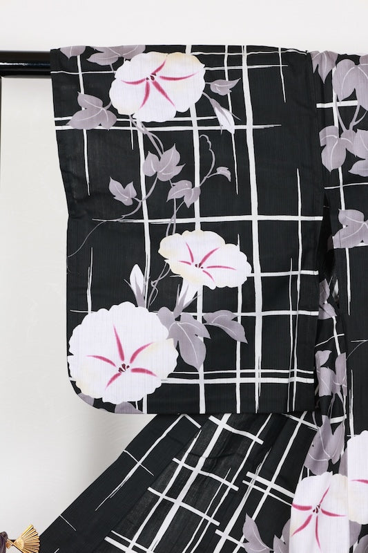 New Yukata (Japanese summer kimono) - Black, White, Gray, Purple - Morning Glory/Checkered Pattern - b8