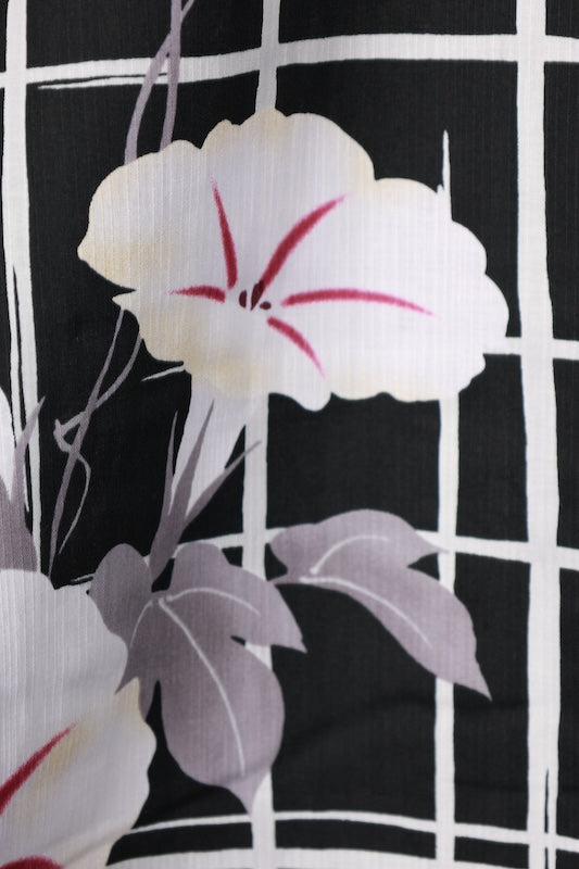 New Yukata (Japanese summer kimono) - Black, White, Gray, Purple - Morning Glory/Checkered Pattern - b8