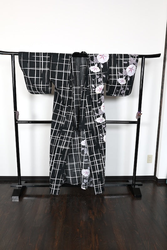 New Yukata (Japanese summer kimono) - Black, White, Gray, Purple - Morning Glory/Checkered Pattern - b8
