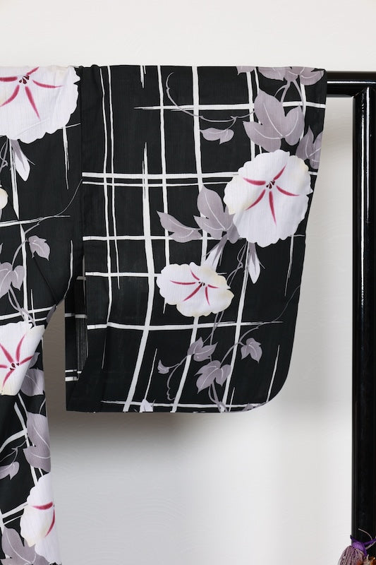 New Yukata (Japanese summer kimono) - Black, White, Gray, Purple - Morning Glory/Checkered Pattern - b8