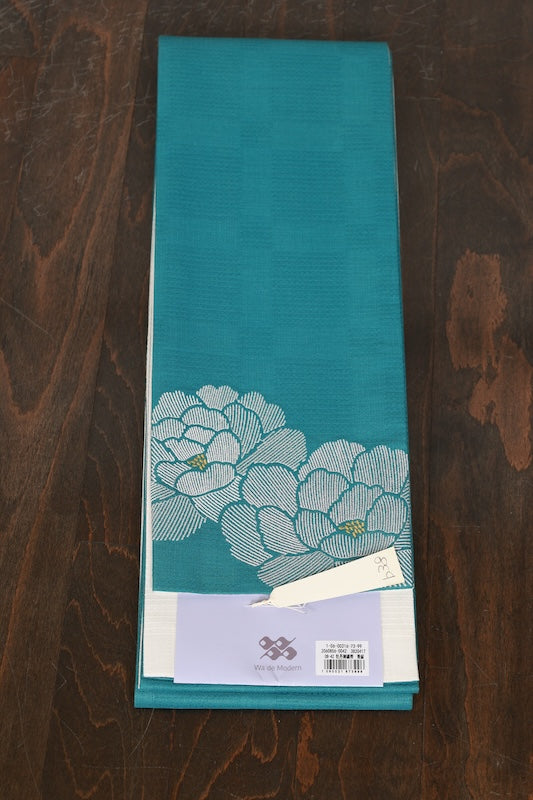 Yukata obi (half-width sash), brand new, blue-green, white, gold-brown, peony embroidery, b38