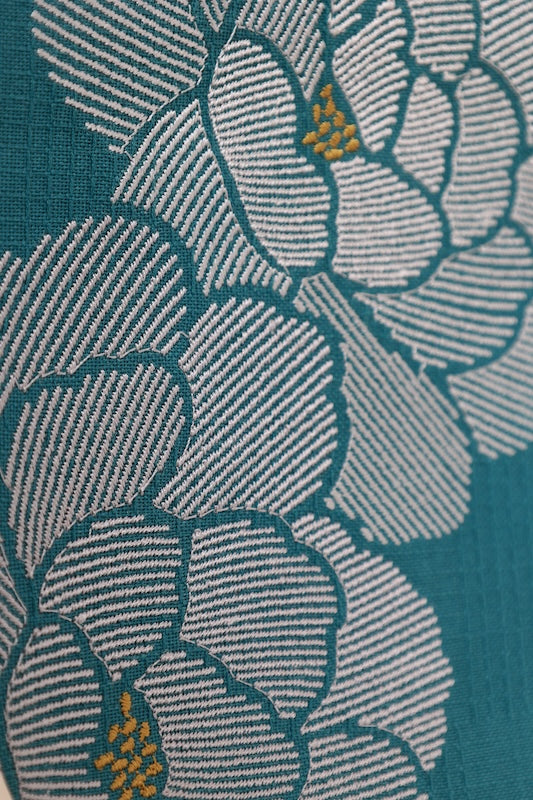 Yukata obi (half-width sash), brand new, blue-green, white, gold-brown, peony embroidery, b38
