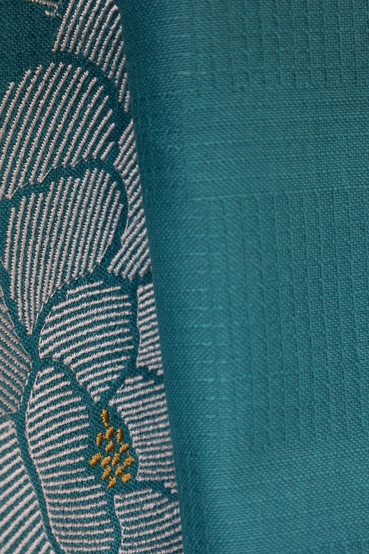 Yukata obi (half-width sash), brand new, blue-green, white, gold-brown, peony embroidery, b38