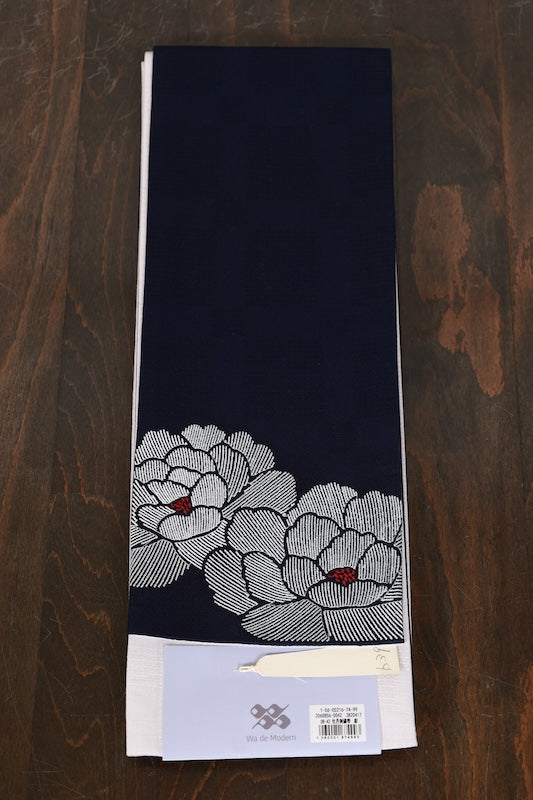 Yukata obi (half-width sash), brand new, indigo, white, red, peony embroidery, b39
