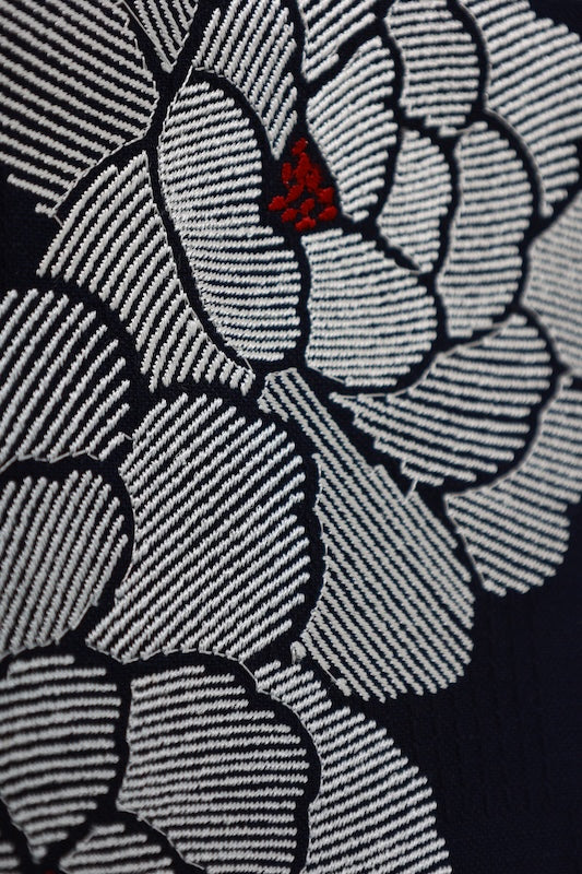 Yukata obi (half-width sash), brand new, indigo, white, red, peony embroidery, b39