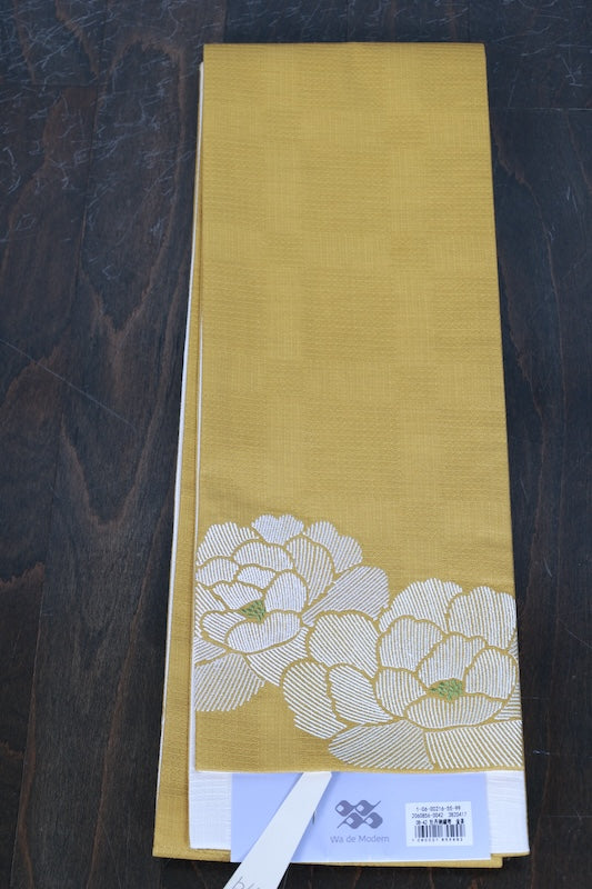 Yukata obi (half-width sash), brand new, gold-brown, white, green, peony embroidery, b40