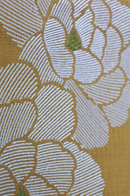 Yukata obi (half-width sash), brand new, gold-brown, white, green, peony embroidery, b40